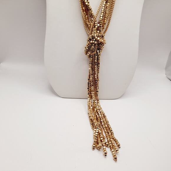 Chico’s Gold Tone 9-Strand Knotted Tassel Necklace, 26", Statement Piece - Picture 1 of 11